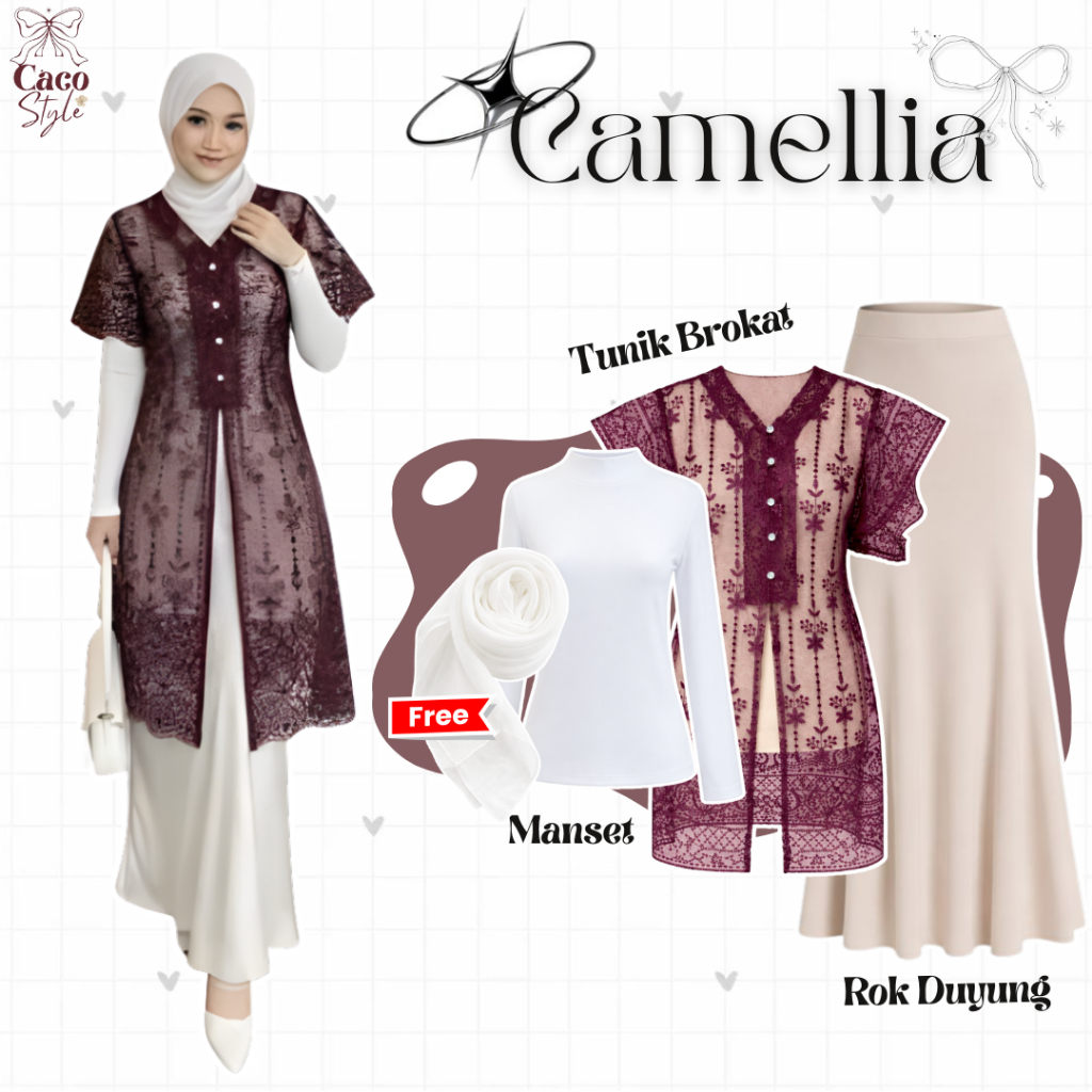 CAMELLIA OneSet 4In1 Outfit Lebaran Tunik Brokat ( Bella Square + Tunik + Manset + Rok Satin ) -CO97