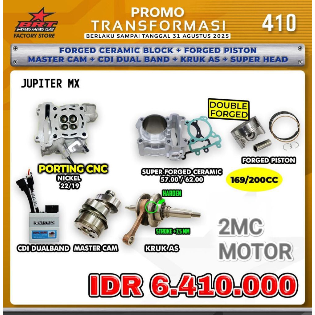 PAKET BORE UP JUPITER MX BRT 57MM 62MM 169CC 200CC GRATIS BUSI IRIDIUM - BINTANG RACING TEAM BRT
