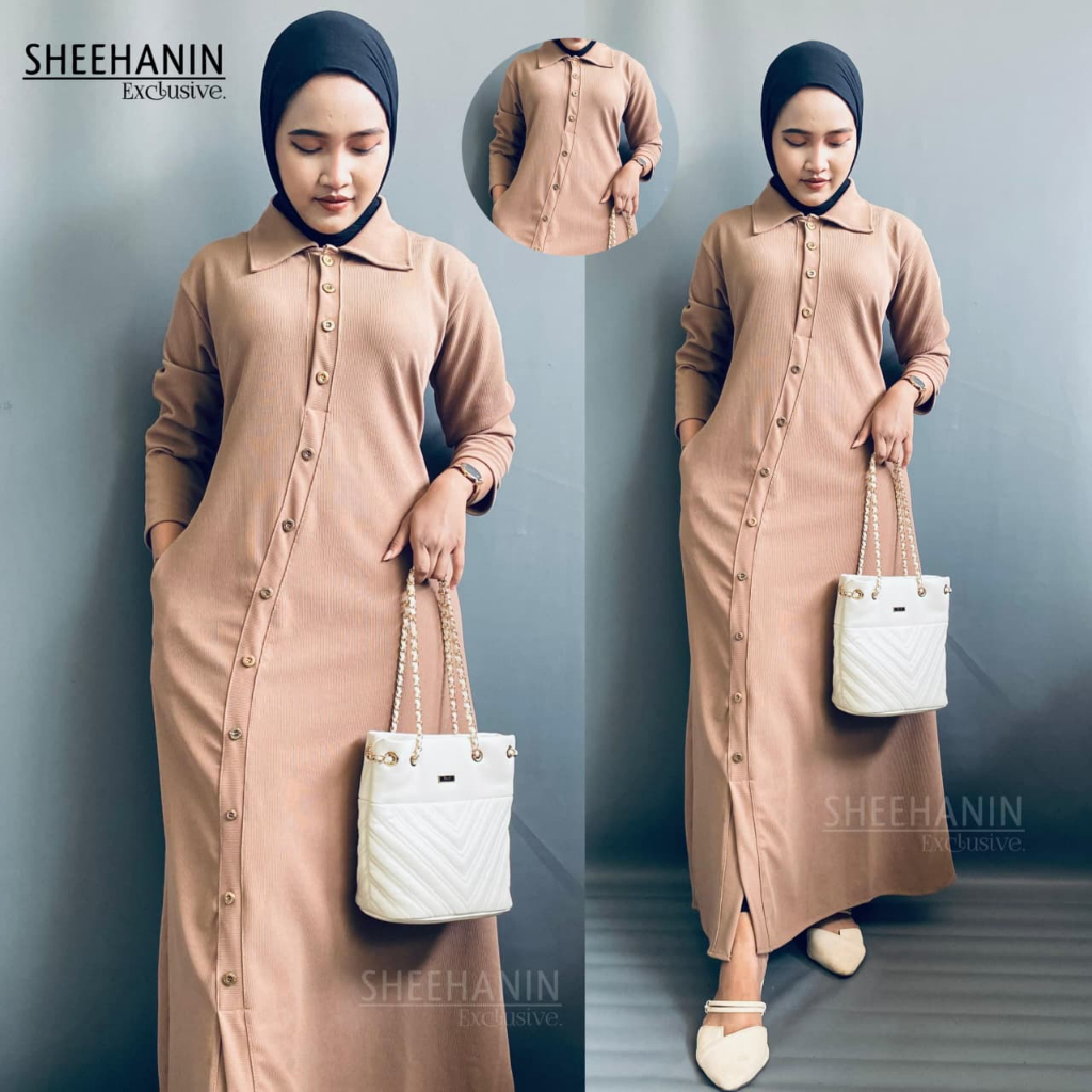 Gamis Lebaran Terbaru - Aleesha Gamis Knit Rib Osaka - Dress Wanita Full Kancing Trendy 2026