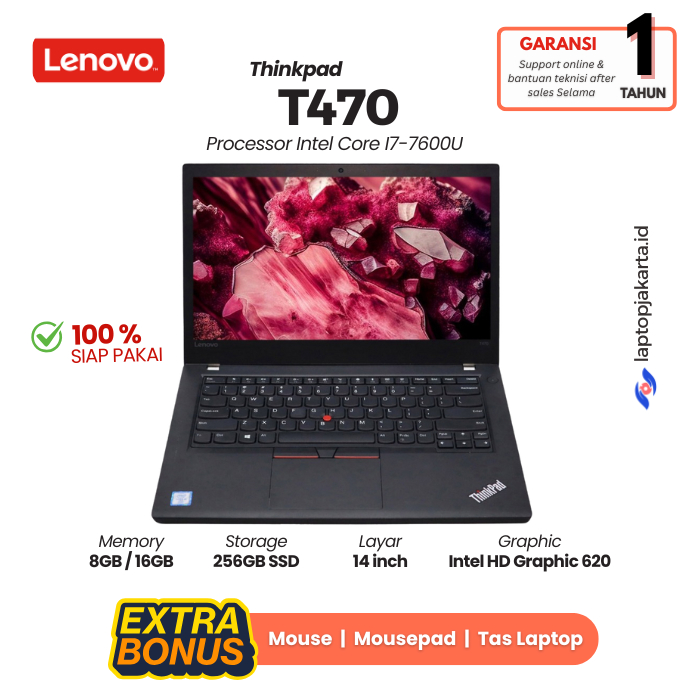 Lenovo ThinkPad T470 core i7 RAM 8/16gb SSD 256 Double VGA NVIDIA, Laptop kerja murah dan bergaransi