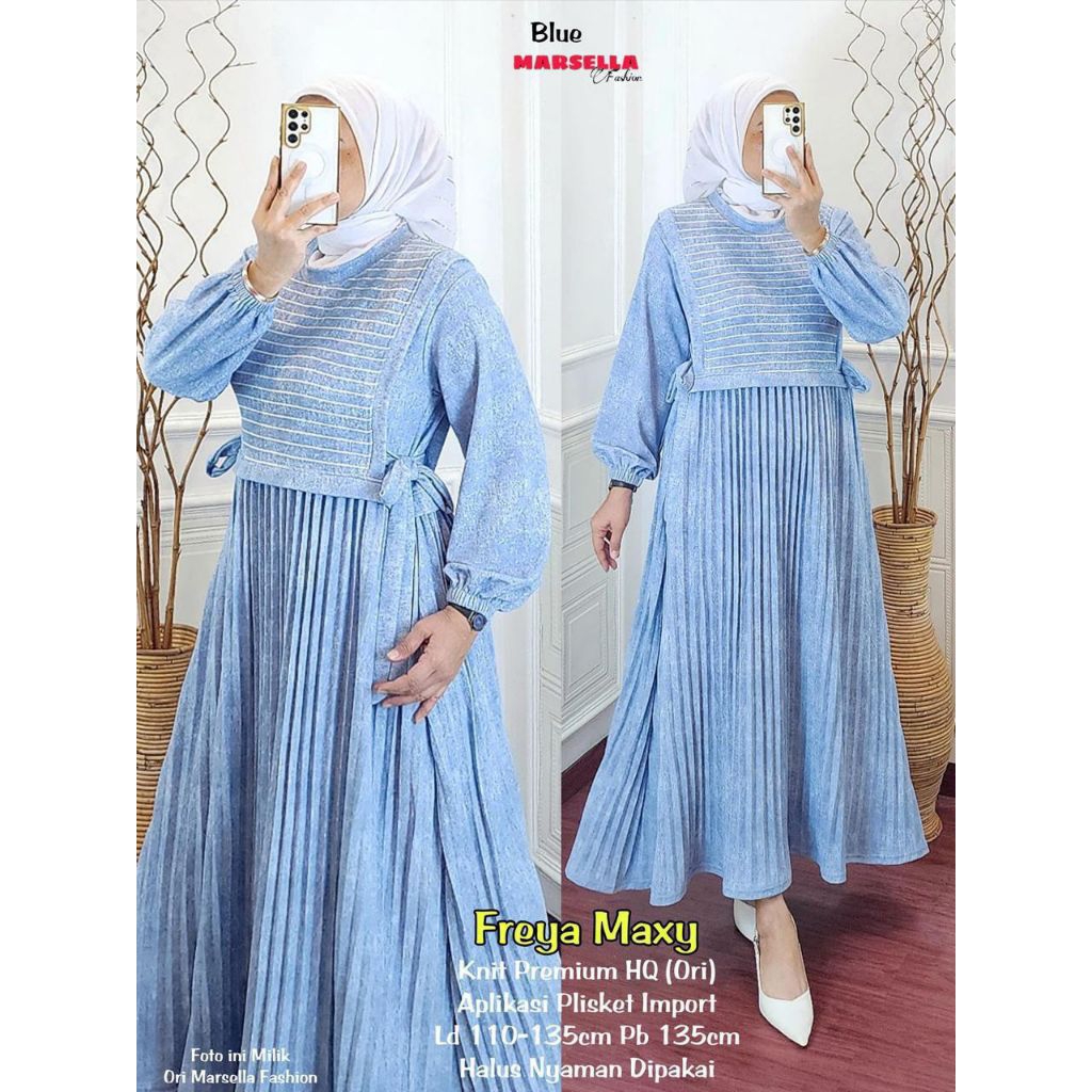 Freya Maxy Gamis Wanita LD 110-135 Knit Premium HQ Original Marsella Fashion Aplikasi Plisket Import