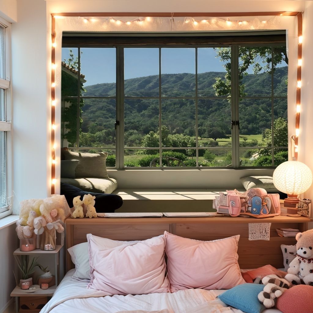 Pemandangan jendela, kain gantung, latar belakang kain, dekorasi kamar tidur, permadani asrama, lata