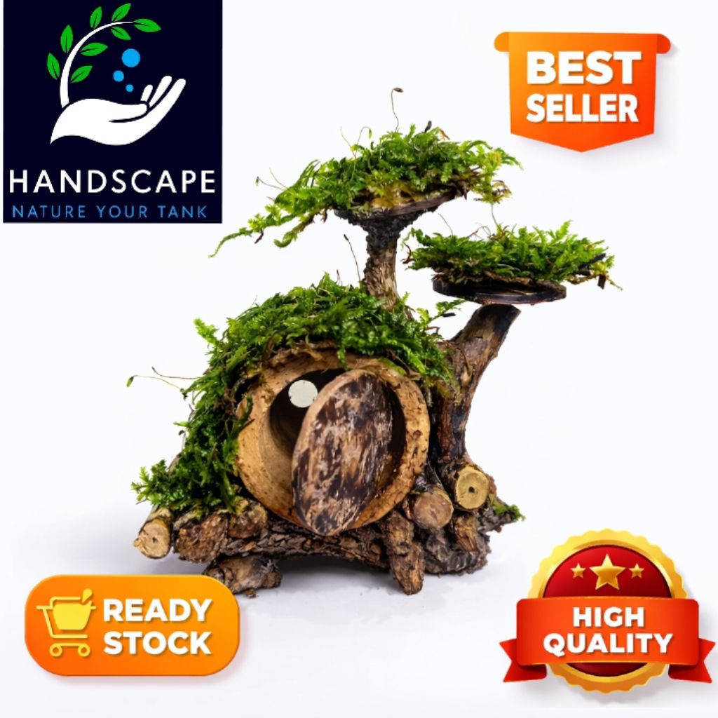 Hiasan Aquarium Aquascape Rumah Hobbit Mini dengan Bonsai dan Atap Full Moss Weeping Cocok untuk Aqu