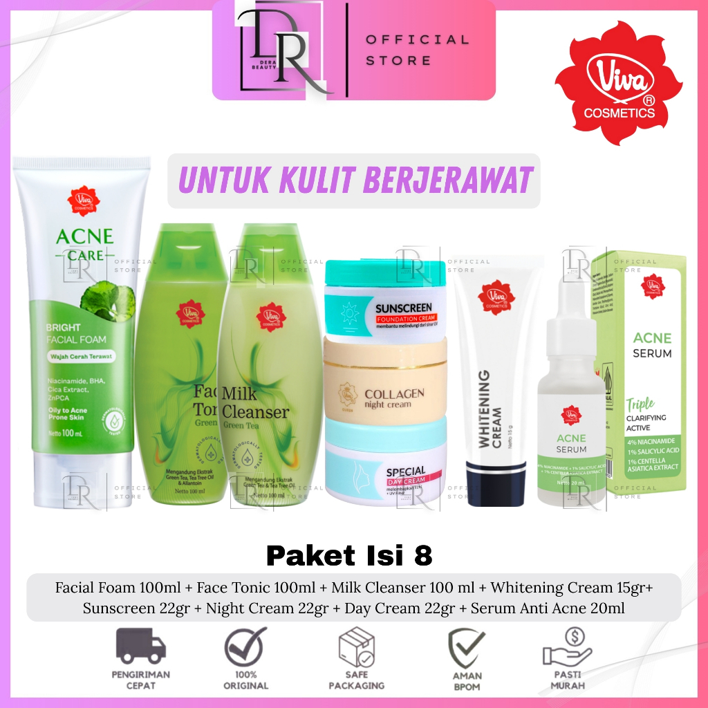 DERA - Paketan 8in1 Viva Cosmetic Skincare Acne Serum Menghilangkan Jerawat Flek Hitam ORIGINAL