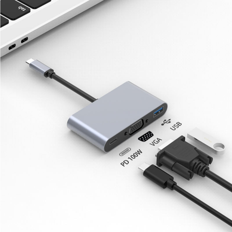 Stasiun Docking Type-C ke VGA+USB 3.0+PD 100W 1080P/60Hz untuk Laptop HP Proyektor