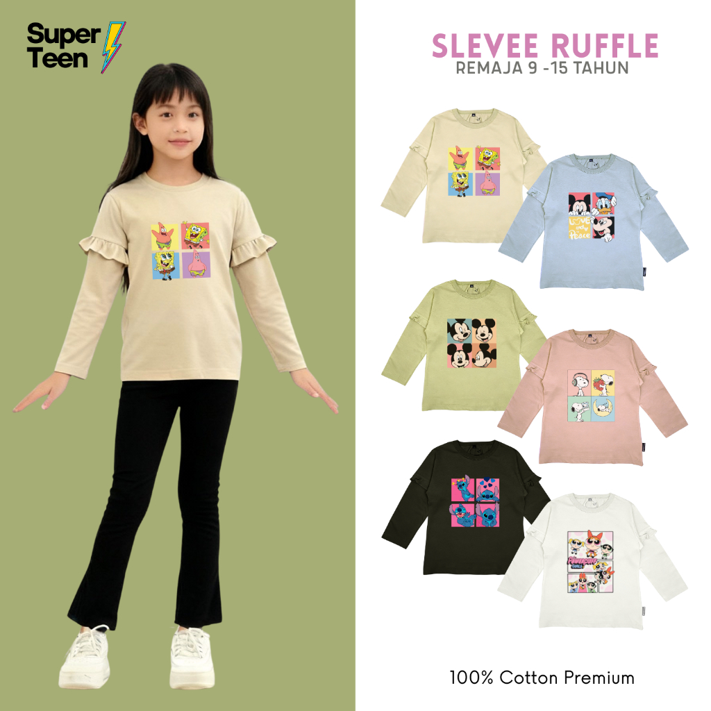 Baju Kaos Anak Perempuan Remaja Tanggung Katun Lengan Panjang Motif Spongebob Snoopy Micky Mouse  9 