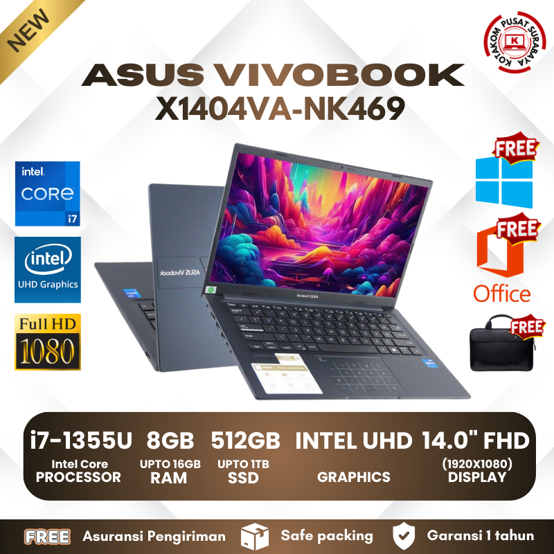 Laptop Tipis, Performa Gahar Asus VivoBook X1404VA-NK469 Intel Core i7 Gen 13 RAM 16GB SSD 1TB Layar