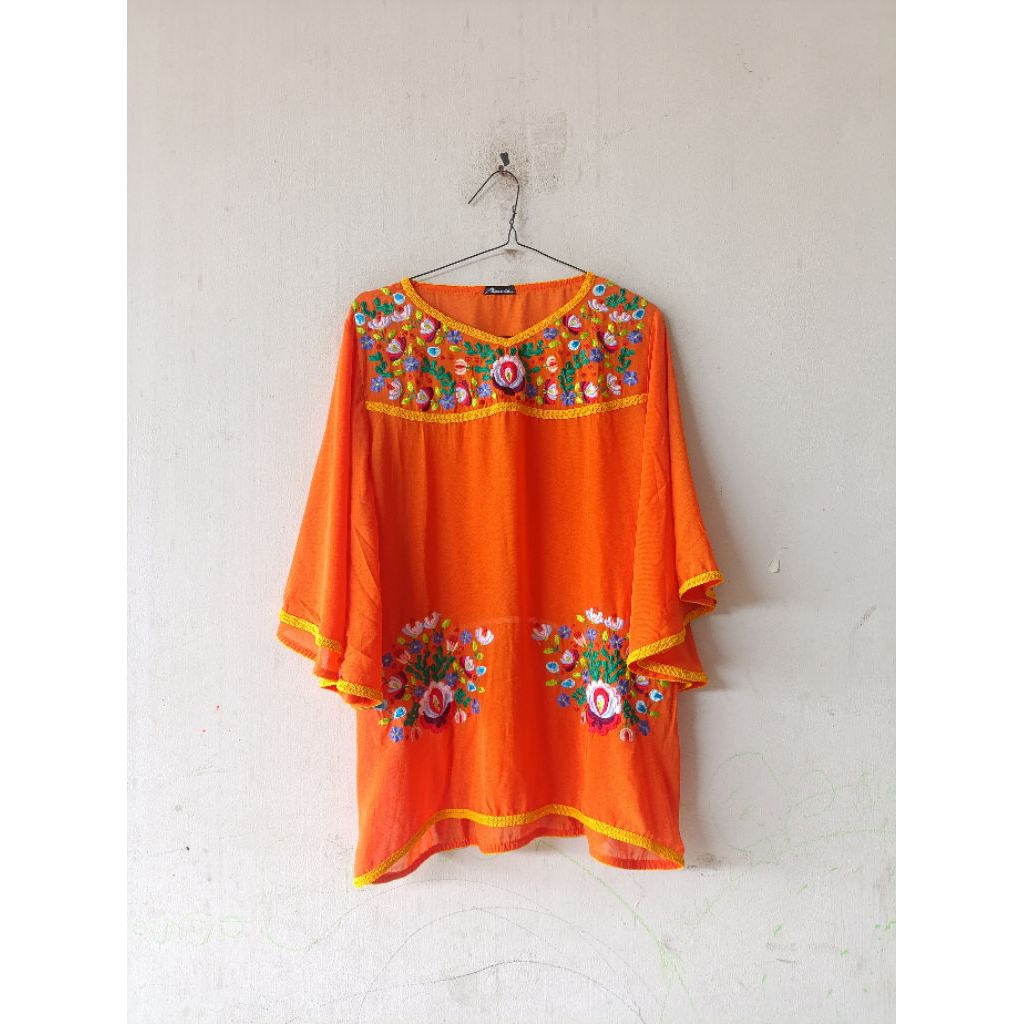 Deep Orange Bordir Batwing Sifon Blouse Top Oversize Jumbo