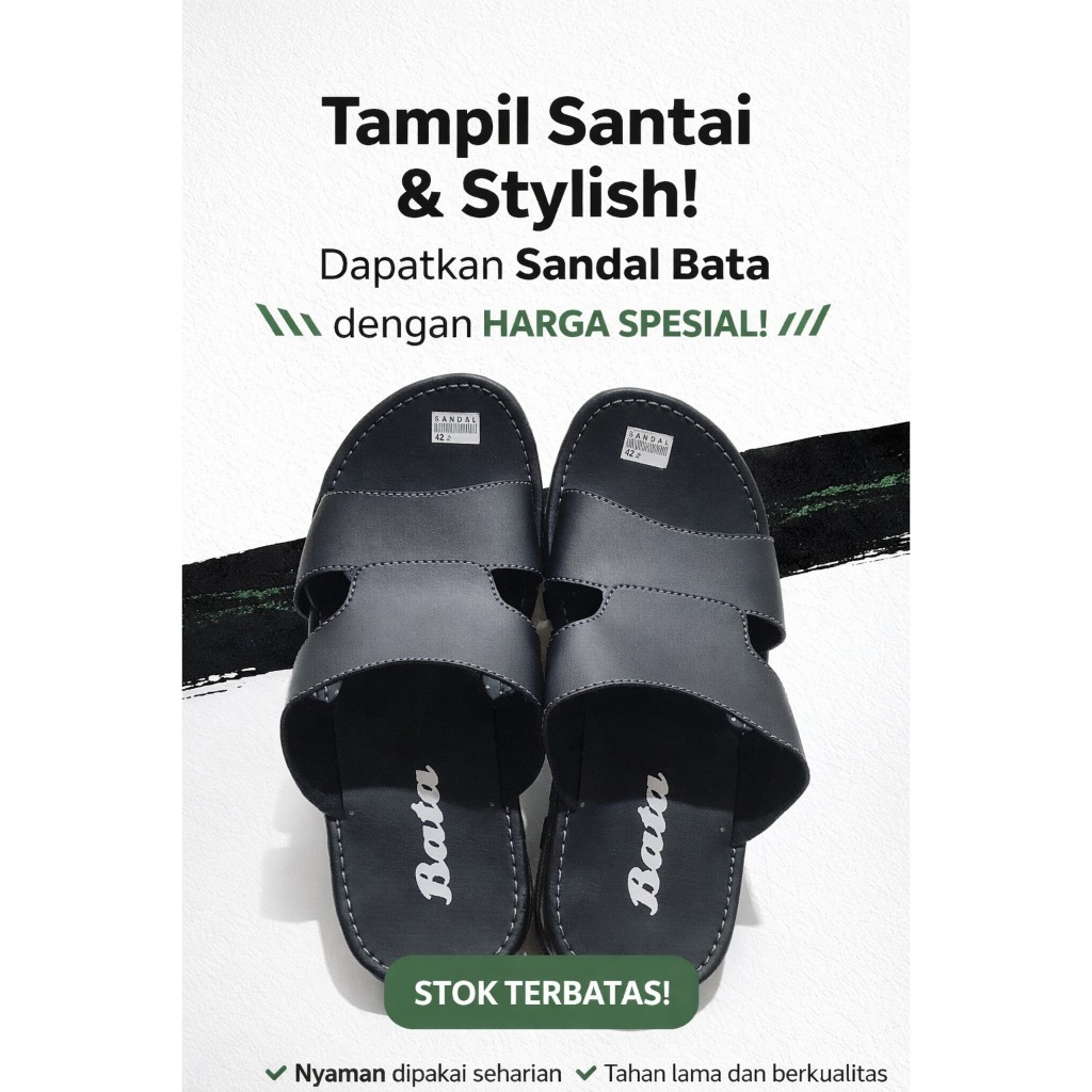 BATA Selop Sandal Pria Pressley Brown Black Bahan Kulit Japit Termurah Best Seller Ukuran 39-43