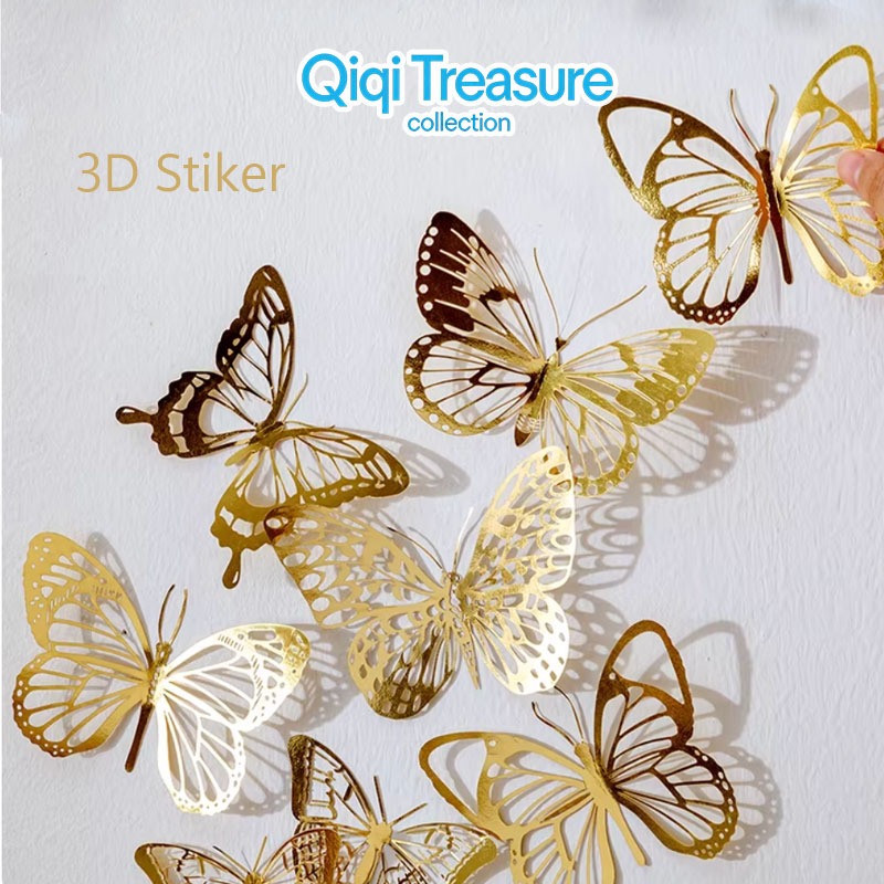12PCS Stiker Dinding Kupu-Kupu 3D /Hiasan Kupu-Kupu Warna Gold Emas/Kupu Kupu Hiasan Dinding