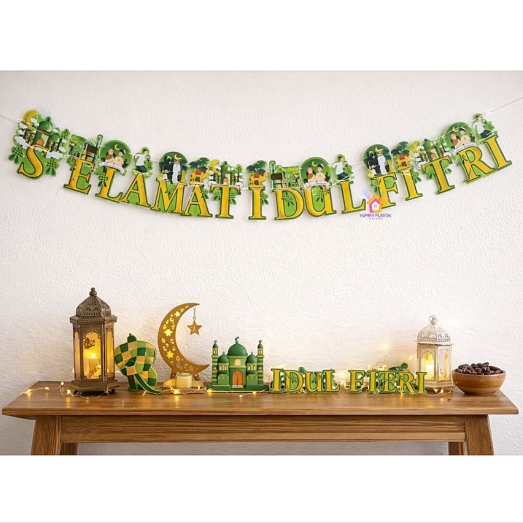 banner selamat idul fitri lebaran eid mubarak hijau masjid ketupat tulisan kertas hiasan gantung leb
