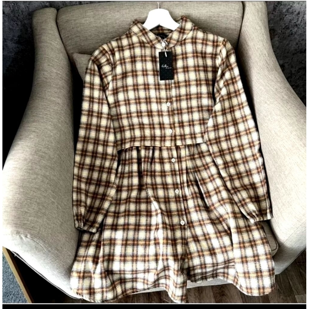 Kemeja Flanel Tartan Kotak-Kotak Midi Dress Tunik Adyra Flanel Outfix