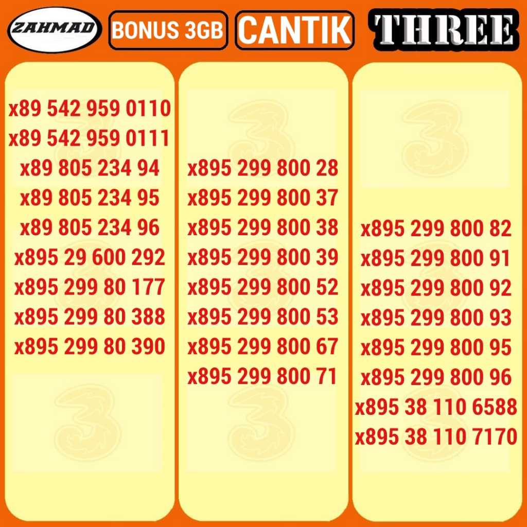 THREE-C) NOCAN Three Triple kartu perdana nomor cantik tri 777 888 999 murah