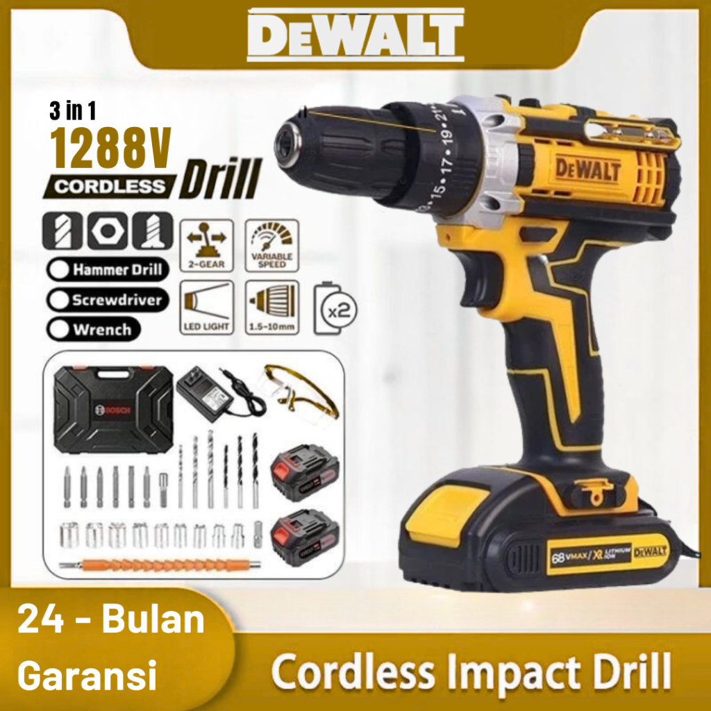 DEWALT Mesin Bor Baterai Cordless Drill 10MM Bor Tanpa Kabel Cordless Impact Drill 2*Baterai 1288V M
