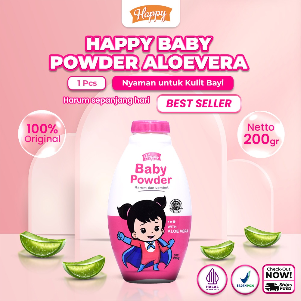 Happy Bedak Bayi Baby Powder Aloe Vera 200gr | Bedak untuk mencegah iritasi kulit | Bedak Aman digun