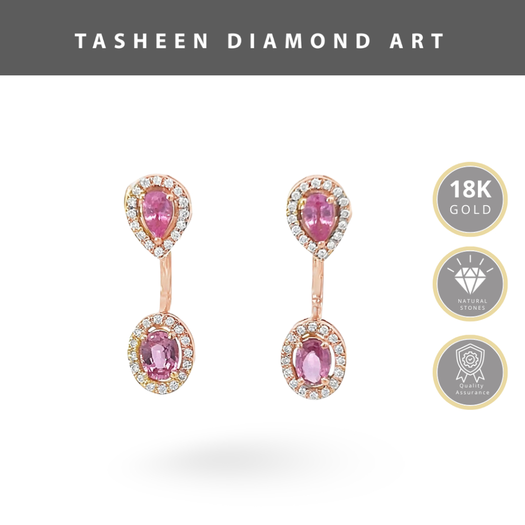 TDA Gold Pink Sapphire Floaty Earrings Anting Emas Berlian Batu Safir Asli Wanita