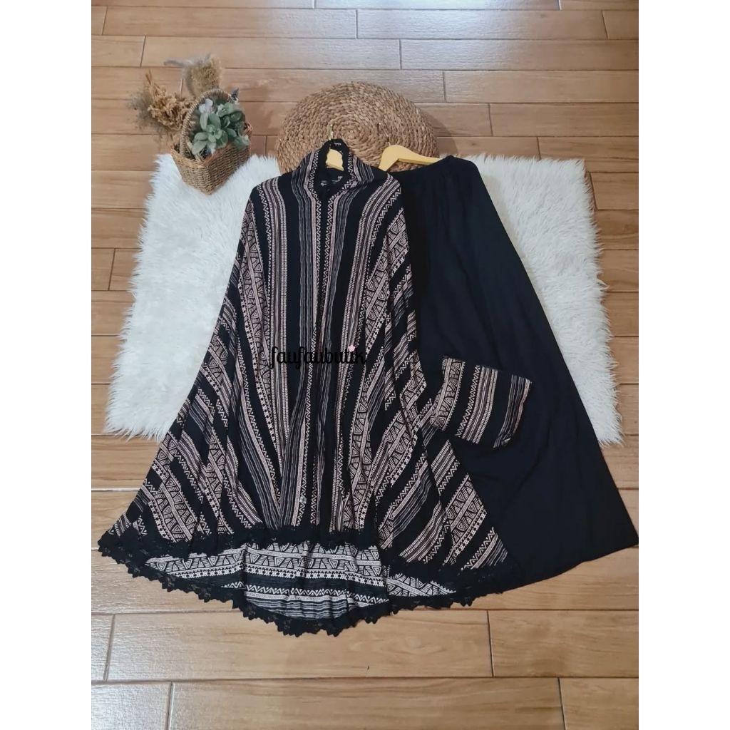 Mukena Selma etnik hitam tali karet faufau