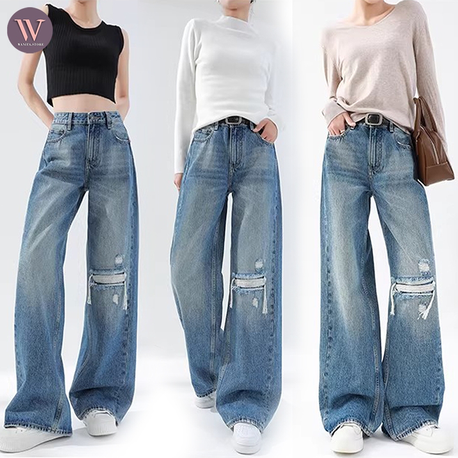 Sobek Jeans Wanita Celana Jeans Wanita Sobek Wide Leg Pinggang Tinggi Model Baru Potongan Longgar Sa