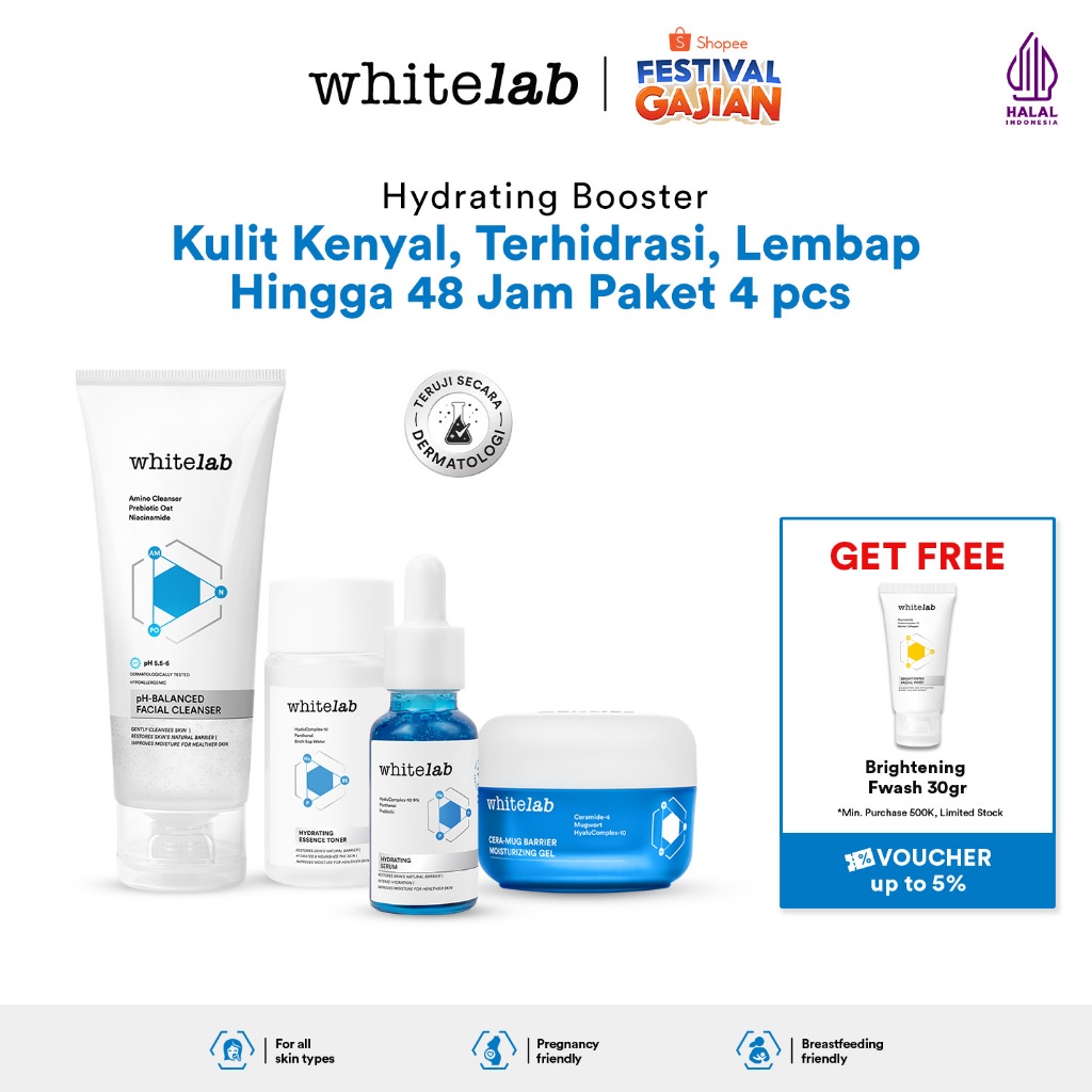 Whitelab Hydrating Series - Facial Cleanser, Essence Toner, Serum, Moisturizer, Sleeping Mask Paket 