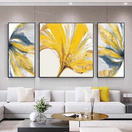 lukisan bunga abstrak gold 120 x 60 cm plus bingkai