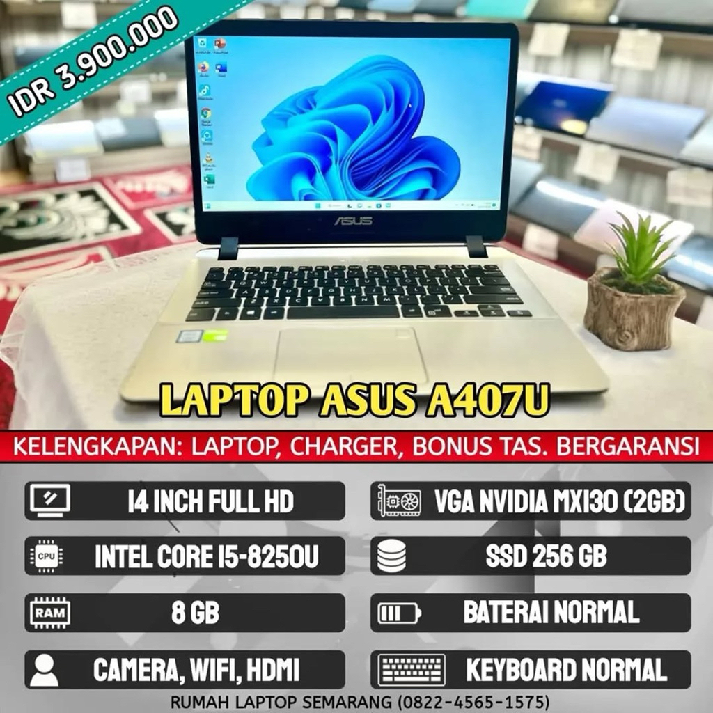 Laptop Asus A407U (second). Intel Core i5-8250U. RAM 8 GB. SSD 256 GB. VGA NVIDIA MX130 (2 GB)