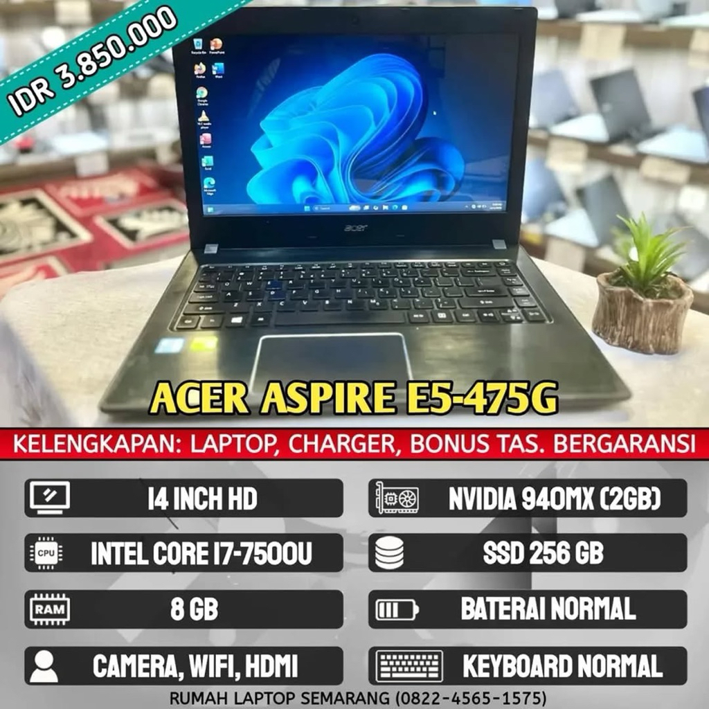 Laptop Acer Aspire E5-475G(second). Intel Core i7-7500U. RAM 8 GB. SSD 256 GB. VGA 940MX (2 GB)