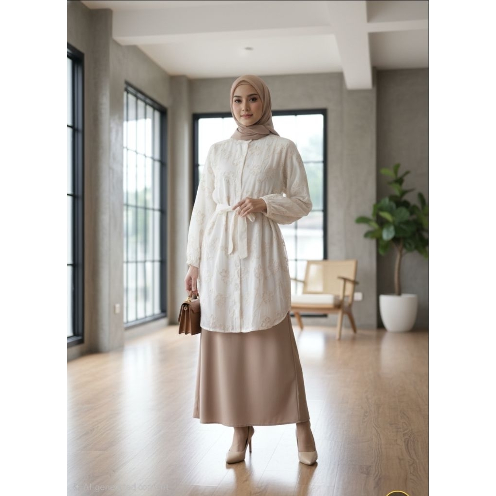 NEW Tunik warna putih cream dengan bordir dan furing didalamnya