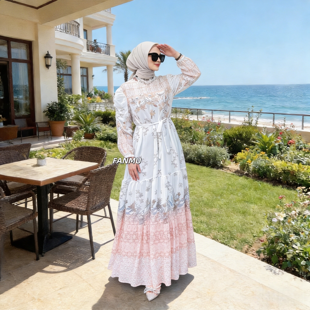 FANMU Gamis dress putih batik mewah wanita kekinian