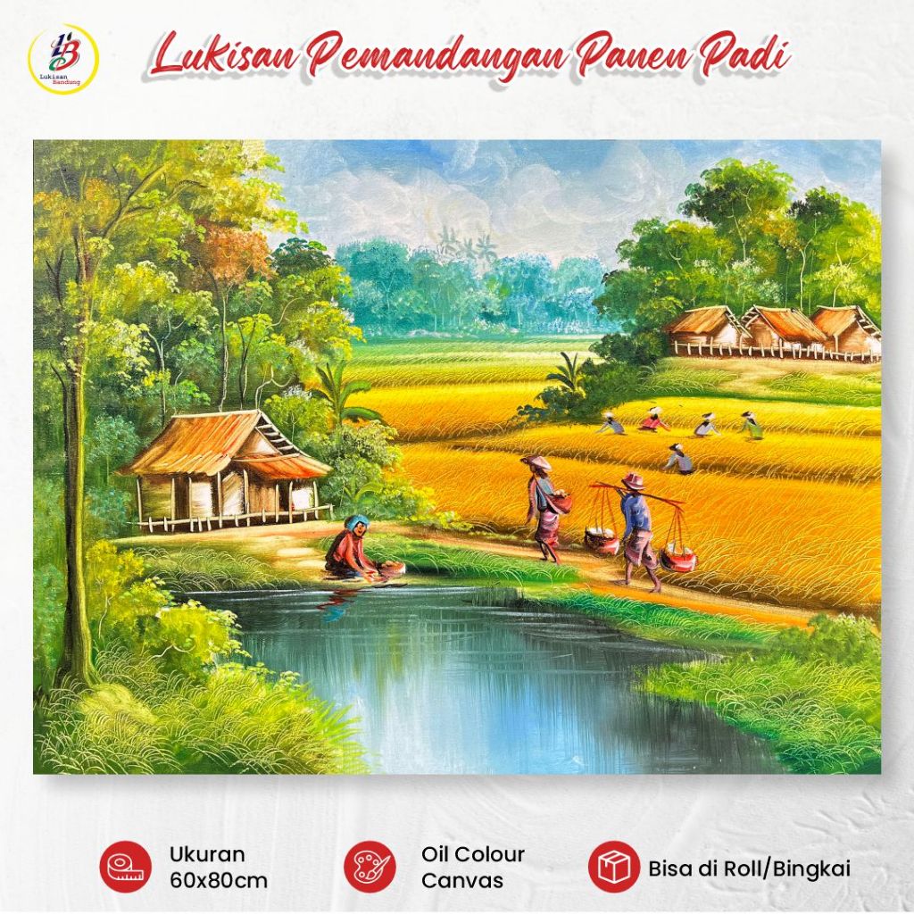 Lukisan Pemandangan Sawah Petani dengan Kolam Lukisan Alam Pedesaan Handmade
