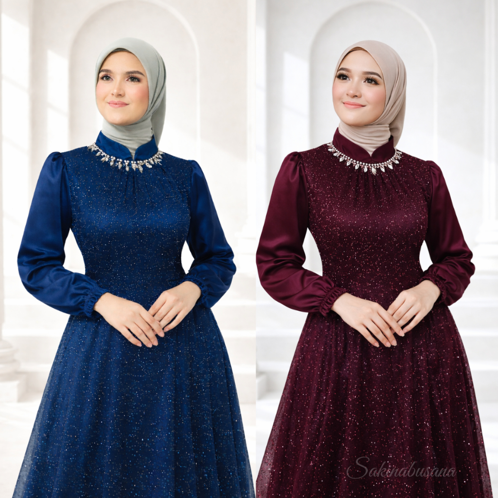 Gamis Syari Elena Celine Dress Gamis Pesta Wanita | Maxy Satin Import Brokat Tille Mutiara Emerald B