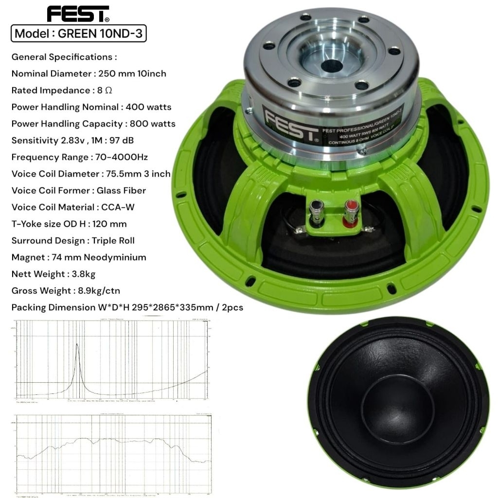 SPEAKER COMPONENT FEST GREEN 10ND-3 NEODYMIUM SPEAKER 10 INCH NEO 8OHM