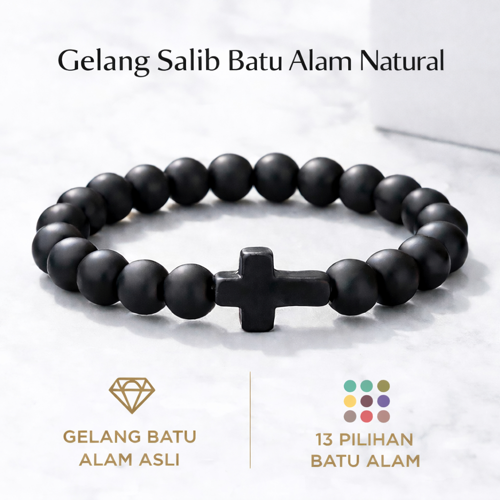 ALPHA OMEGA - Gelang Salib Batu Alam Natural | Gelang Rohani Simple Pria Wanita Kristen Katolik | El