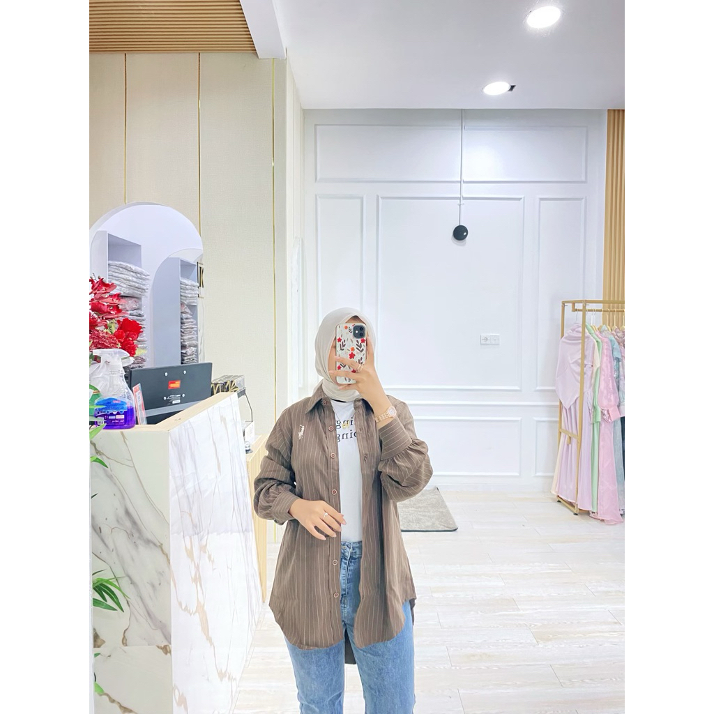 2IN1 Kemeja Salur Wanita + FREE Inner Kaos Putih