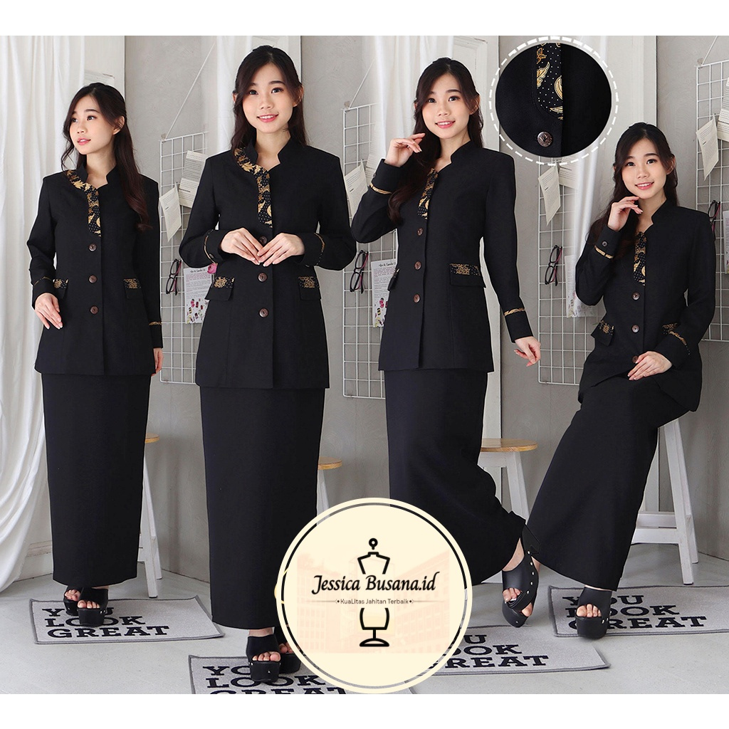 Blazer Seragam Wanita Kerah Shanghai /Mandarin Lengan Panjang Detail Variasi Batik Lurus Stelan ROK 