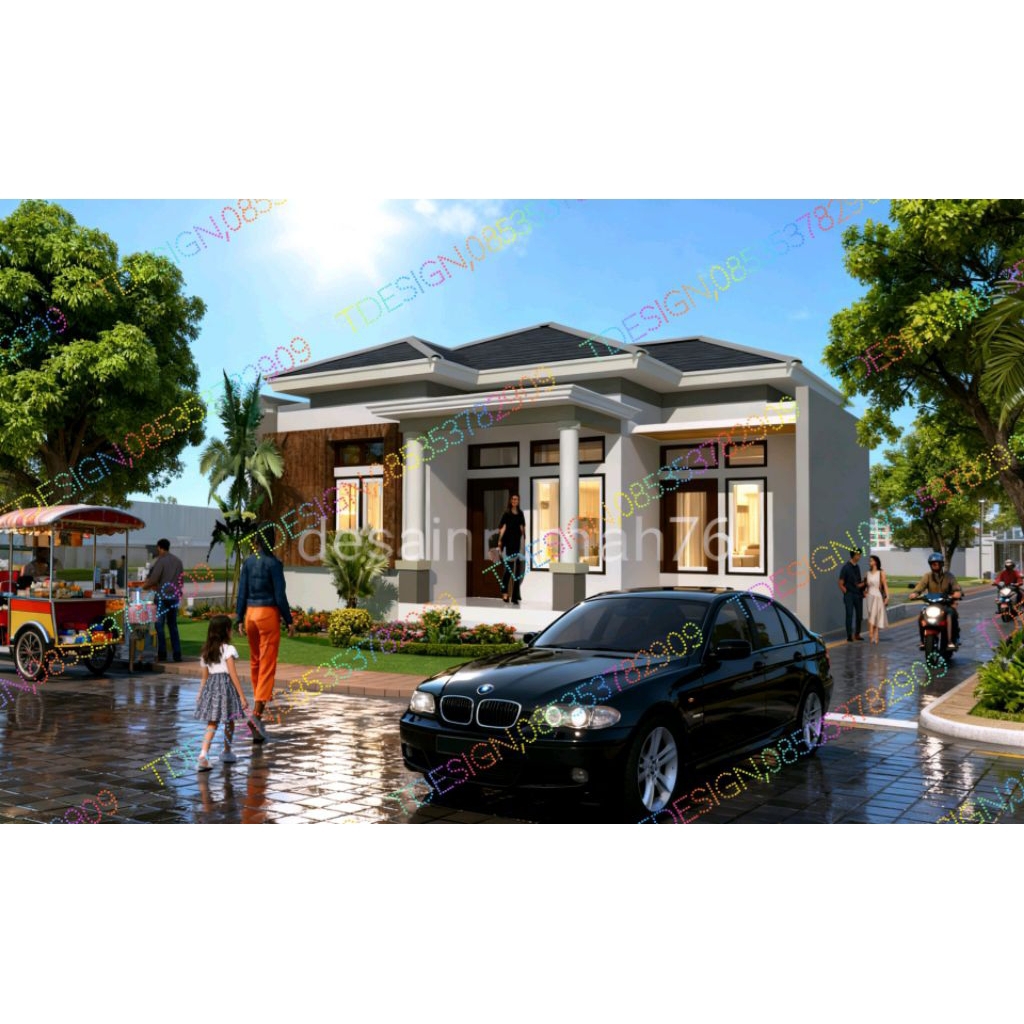 paket desain rumah, desain rumah 3d eksterior, desain rumah minimalis, ukuran 8x12, 2 kamar. jasa de