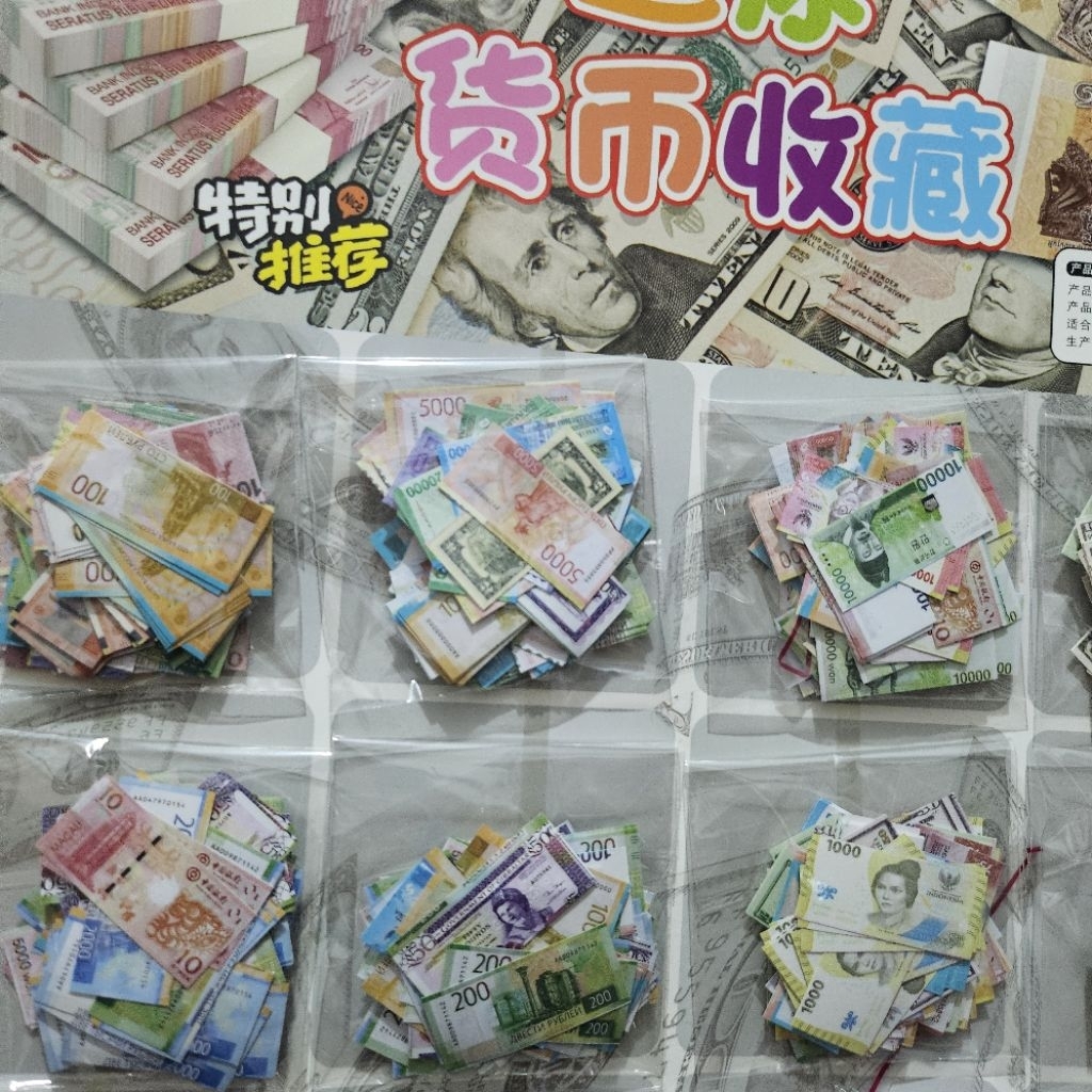 mainan miniatur uang uangan dolar rupiah yen 1pc isi 50