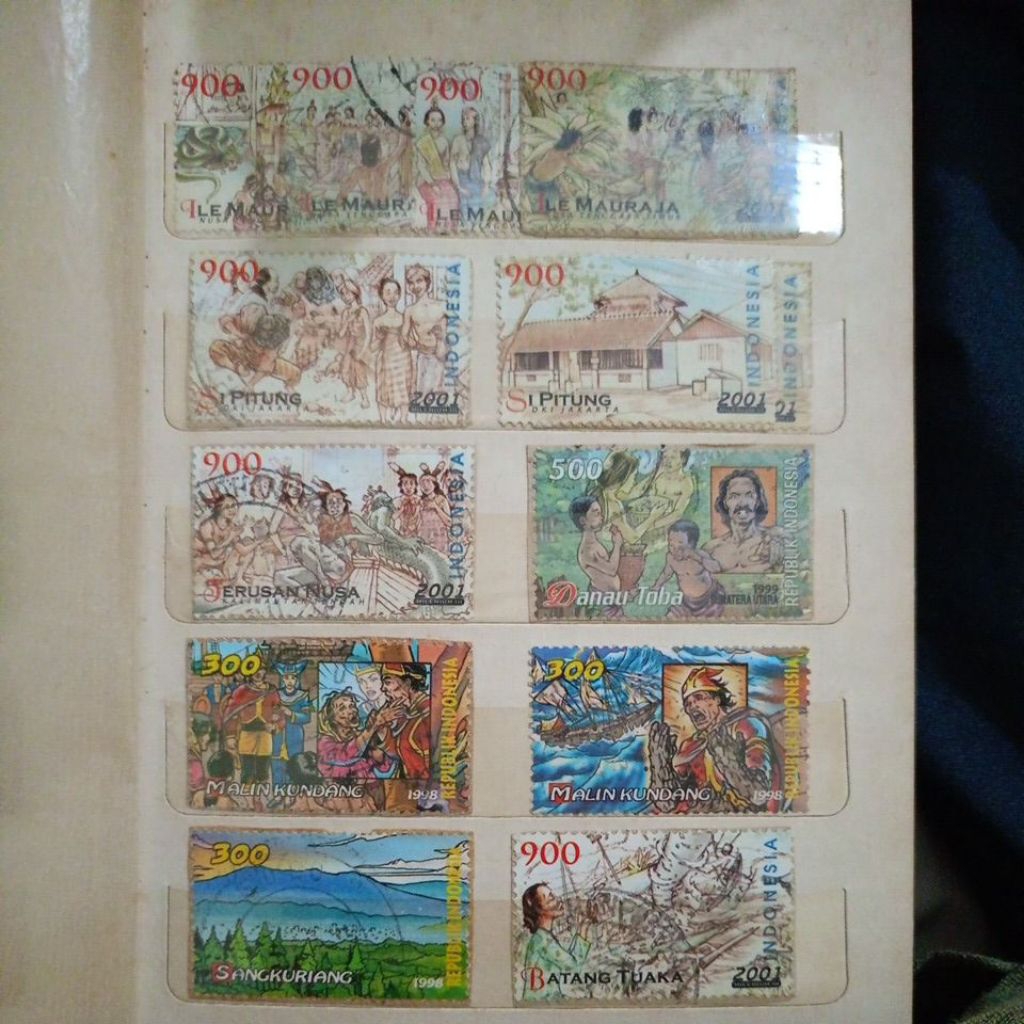 Perangko / filateli lawas tema hikayat Malin Kundang, Sangkuriang, Danau Toba, Si Pitung