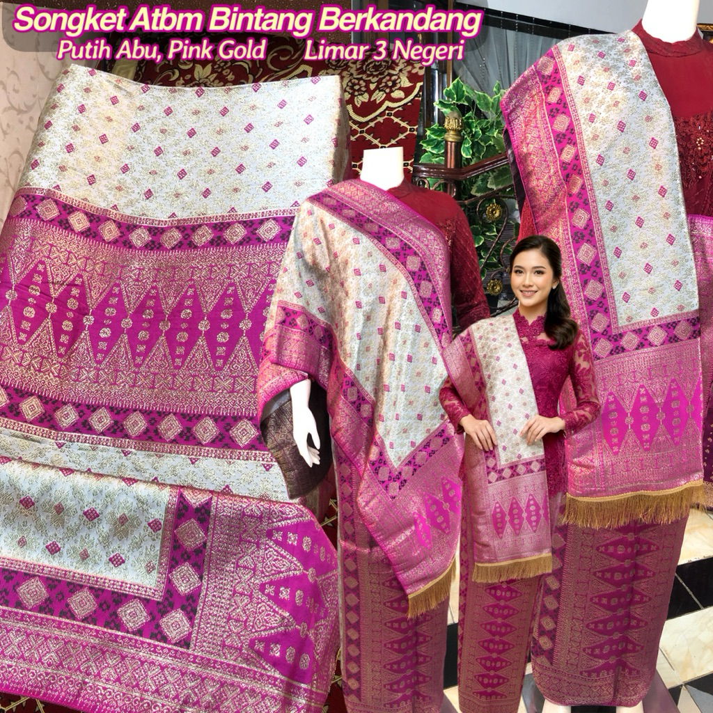 Songket Palembang Atbm Limar 3 Negeri Warna Pink/ songket Tenun Mesin palembang /Songket pengantin /