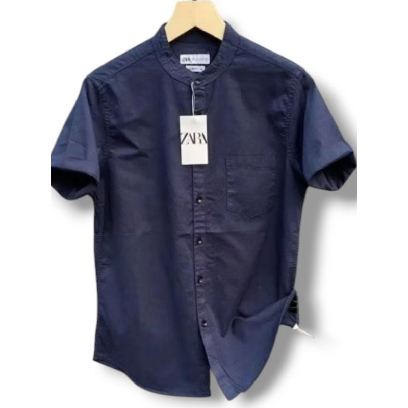 zara kemeja kerah shanghai lengan pendek pria slimfit atasan polos casual