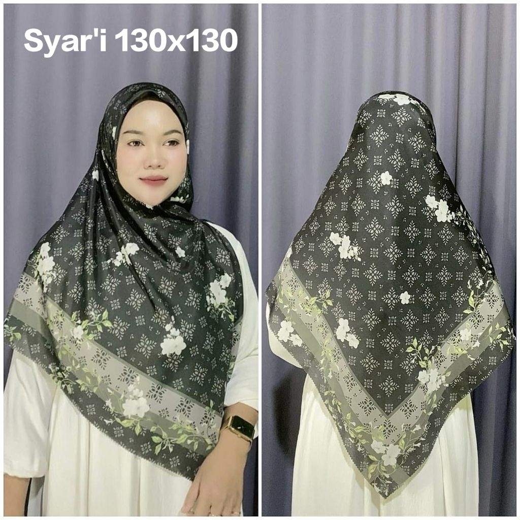 KERUDUNG SYAR'I HIJAB SEGI EMPAT VOAL MOTIF BUNGA QIRANI HITAM UK 130X130 SYARI