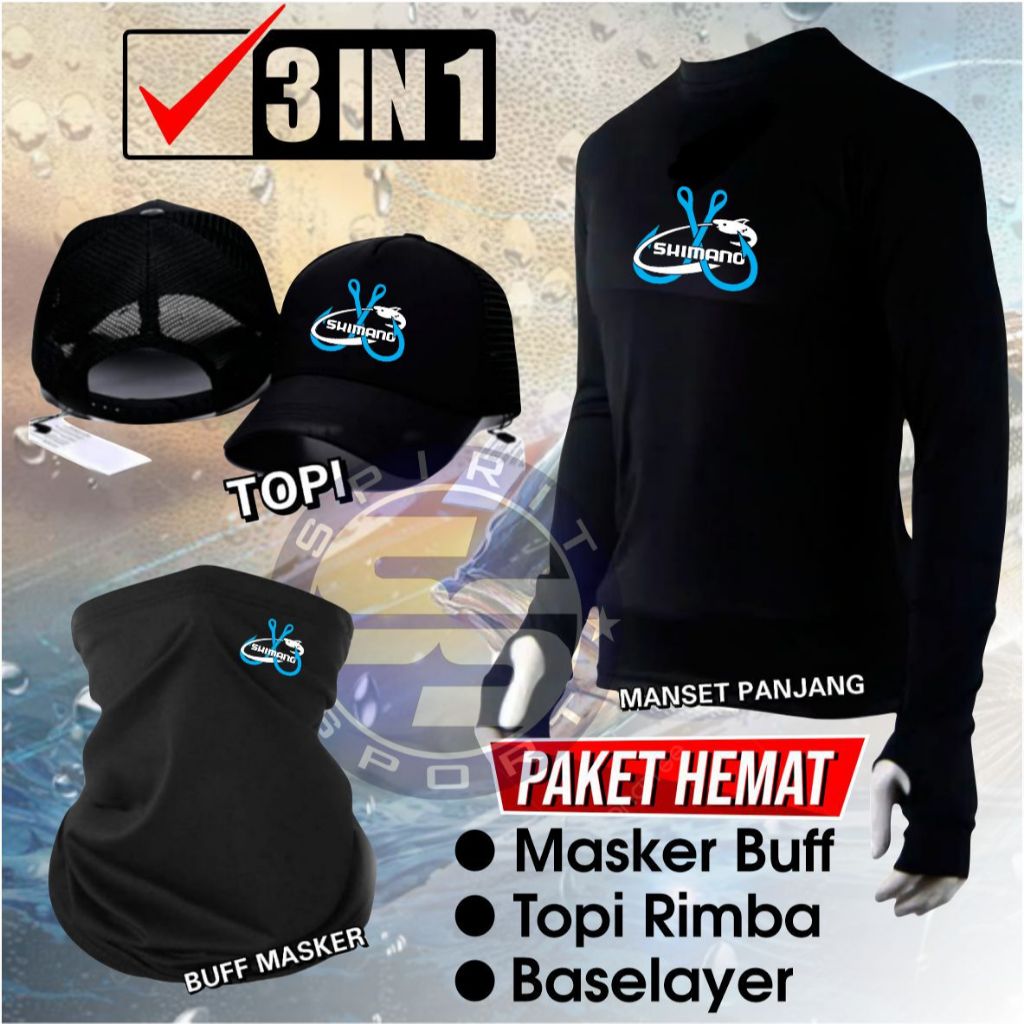 NEW Jersey Mancing Simano 3 in 1 Paket Topi Mancing Buff Masker Anti UV Kaos Lengan Panjang Pria