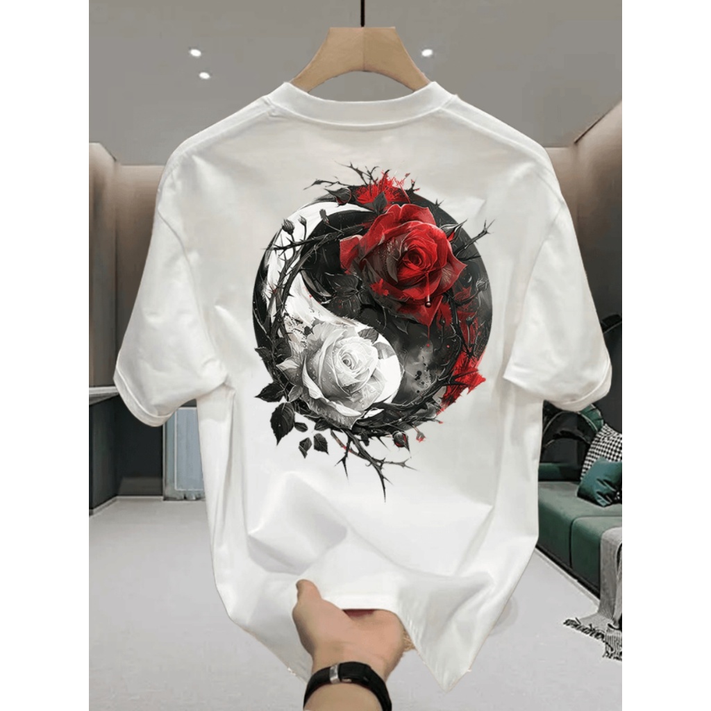 kaos pria original 100% katun anti keringat kerah bundar ukuran besar Polanya Bunga dan Duri Tai Chi