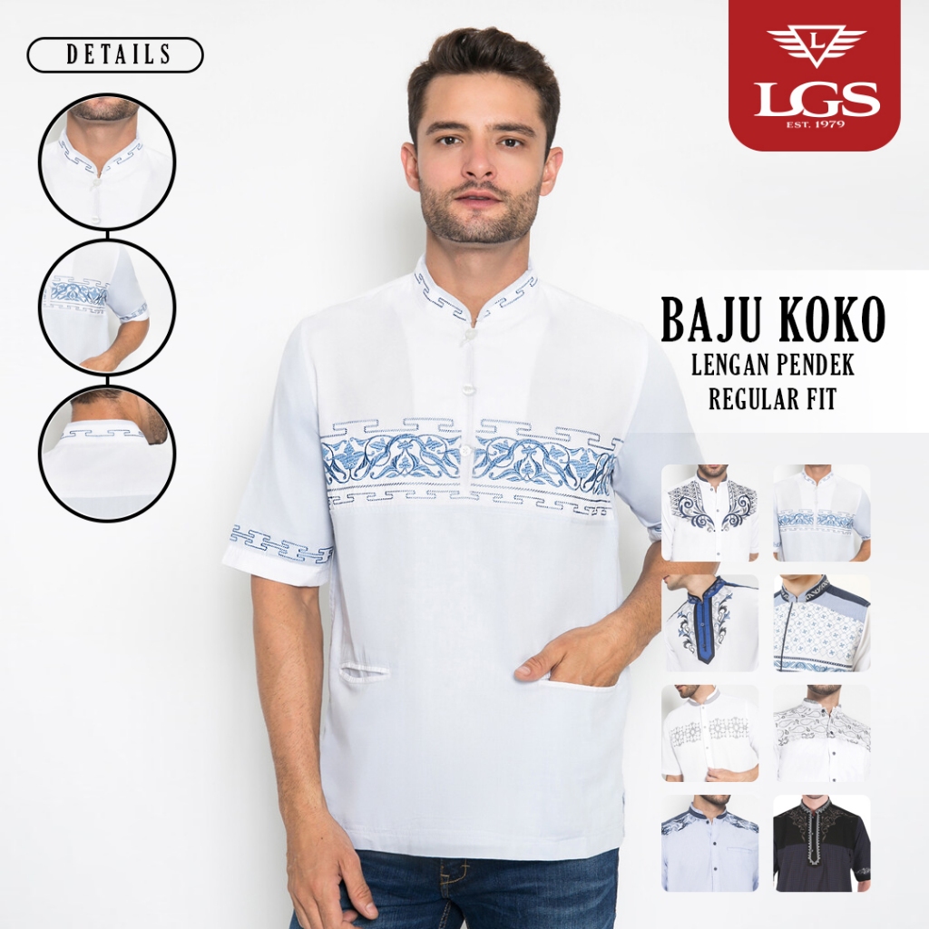 LGS - Baju Koko Pria - Kemeja Muslim Dewasa - Motif Bordir - Reguler Fit - Katun Nyaman - Kerah - Le