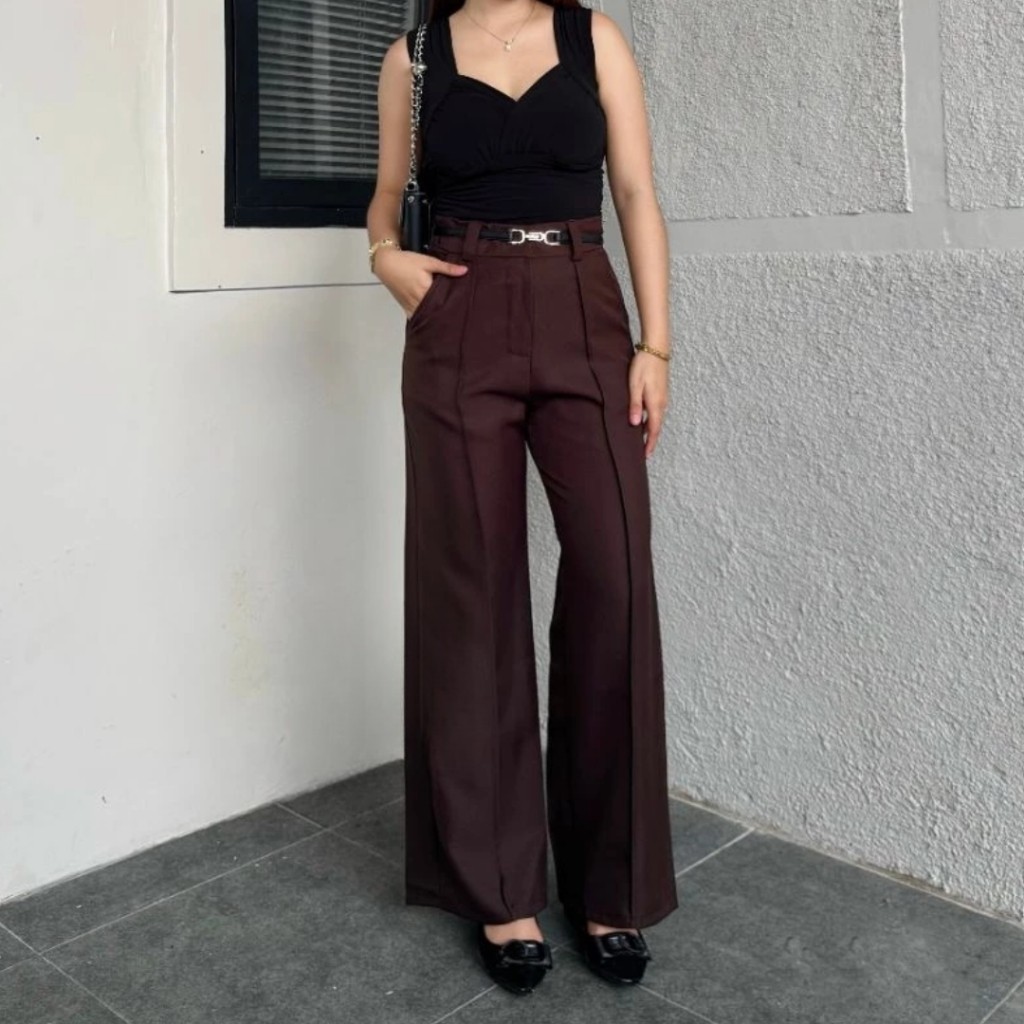Celana Kulot Marveil Highwaist Loose Pants Trousers Wanita [versi kain TEBAL] Anti Lecek - Celana An