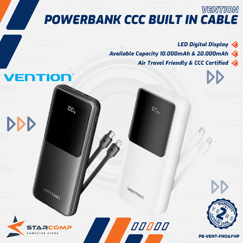 Vention FHP CCC Powerbank Built in USB Type C Lightning Fast Charging 20000mAh LED Display