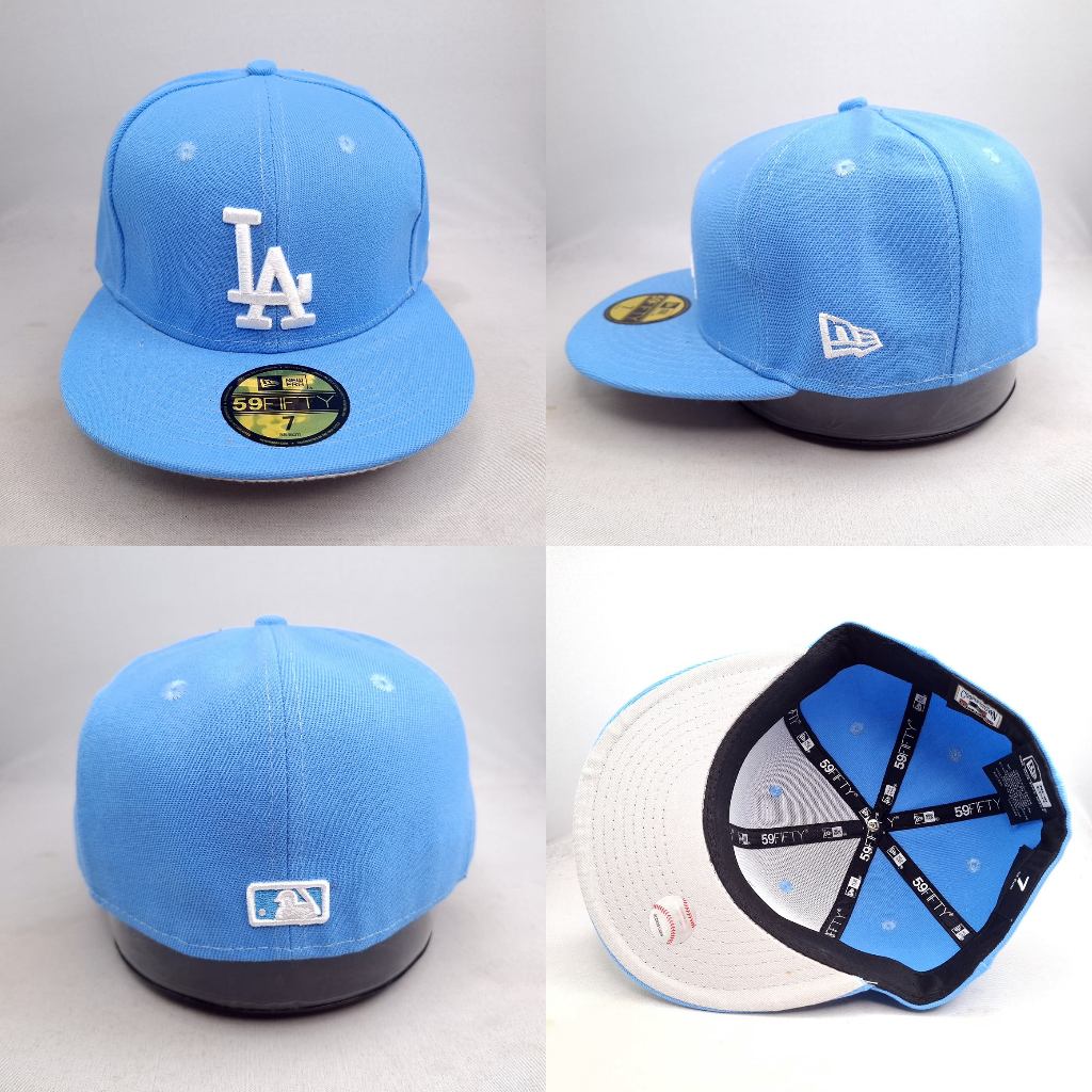 LA- Topi Fitted Baseball Biru Sky Logo Putih