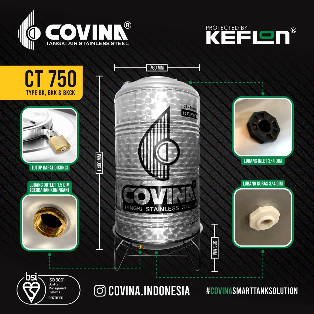 Tandon Air COVINA STAINLESS STEEL CT 750 BK BKK BKCK Tangki Air Toren Air