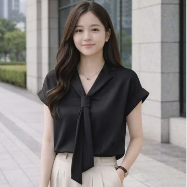 Blouse Atasan Wanita Korea Motif Polos Leher Dasi Panjang Pendek Shakila Hitem
