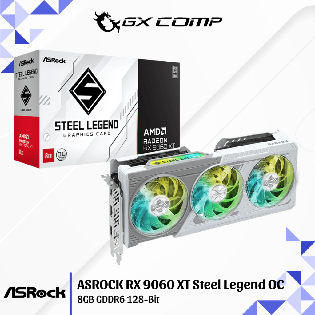 Asrock AMD Radeon RX 9060 XT Steel Legend 8GB GDDR6 OC White Garansi Resmi | VGA RX9060XT 8G Triple 