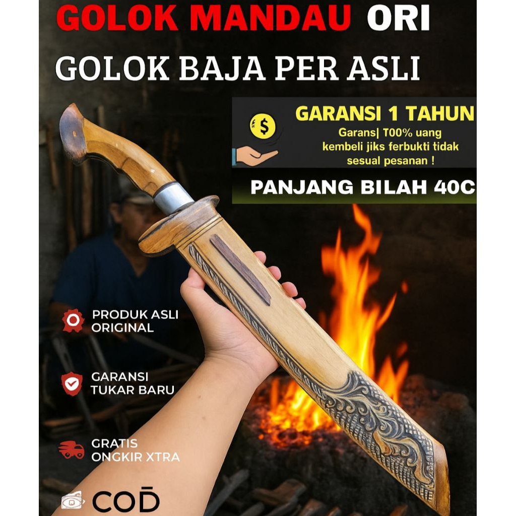 GOLOK MANDAU ORI BAJA PER ASLI Panjang 40cm | Tajam & Kuat | COD | Garansi 1 Tahun